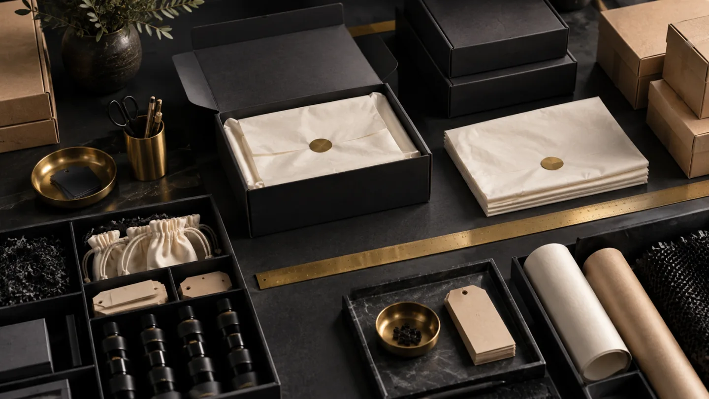 Illustrative e-commerce packing station with organized parcels and packaging.