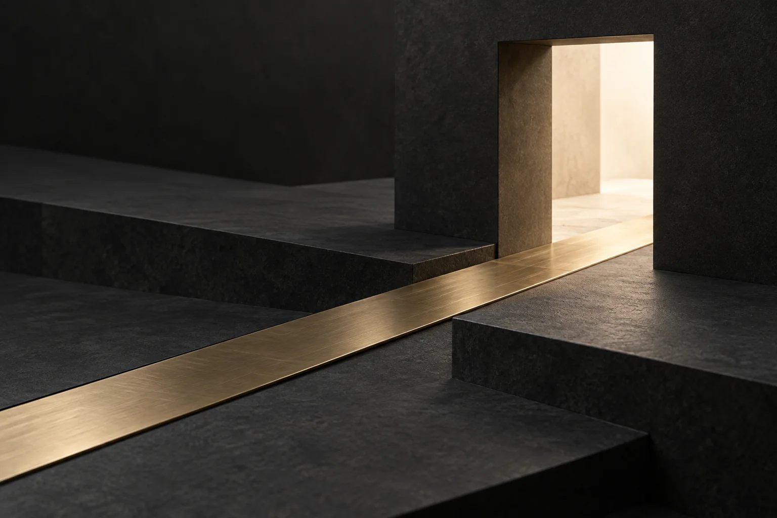A brass path crossing a dark architectural threshold into light.