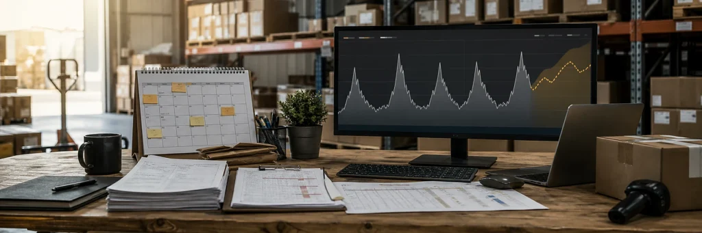 E-commerce owner reviewing multi-year seasonal sales patterns and purchasing plans in a warehouse
