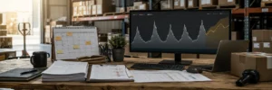 E-commerce owner reviewing multi-year seasonal sales patterns and purchasing plans in a warehouse