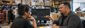E-commerce operators reviewing customer cohorts, acquisition cost, repeat orders, and lifetime value at a warehouse desk