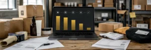 E-commerce analytics showing strong website traffic but low orders and conversion rate at a warehouse workstation