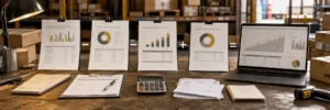 Profit-and-loss statements and a marketing performance dashboard on a working warehouse desk