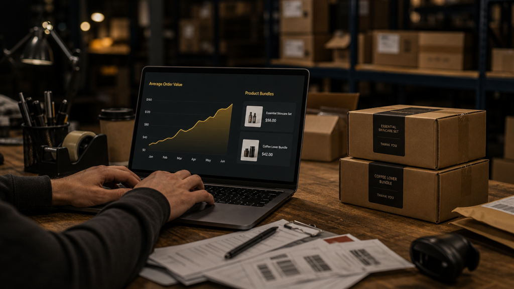 E-commerce operator reviewing an average order value dashboard with product bundles beside packed shipping boxes in a warehouse