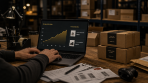 E-commerce operator reviewing an average order value dashboard with product bundles beside packed shipping boxes in a warehouse