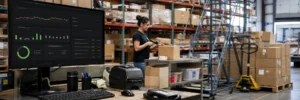 Warehouse team scanning stock while reviewing demand forecasts, weeks of cover, reorder points, and stockout risk
