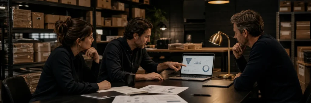 Founder-led e-commerce team and growth operator reviewing acquisition, conversion, retention and margin data in a working warehouse