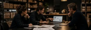 Founder-led e-commerce team and growth operator reviewing acquisition, conversion, retention and margin data in a working warehouse