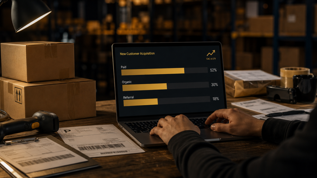 E-commerce operator reviewing a new customer acquisition dashboard showing paid, organic, and referral channel mix in a warehouse