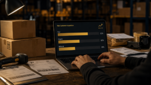 E-commerce operator reviewing a new customer acquisition dashboard showing paid, organic, and referral channel mix in a warehouse