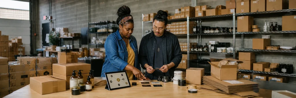 Small-brand partners reviewing referral sources, attributed orders, and commissions inside a fulfillment workspace