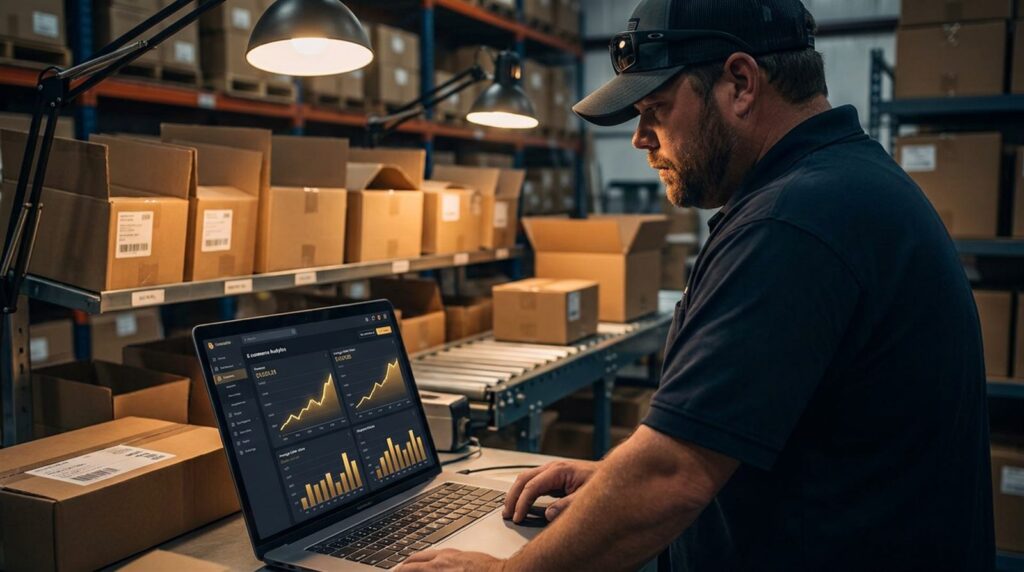 A warehouse operator reviewing an e-commerce analytics dashboard showing average order value trending upward, illustrating growth without increased ad spend