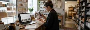 Specialty retail merchandiser cataloging handmade products while reviewing organic search performance