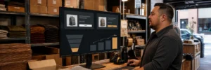 E-commerce operators reviewing before-and-after conversion funnels beside products in a working warehouse