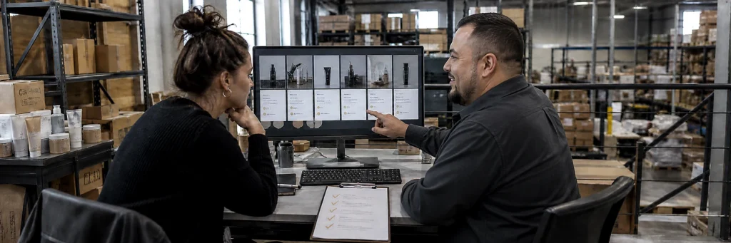 Marketing team reviewing AI-generated product and customer-service drafts before human approval in an e-commerce warehouse