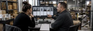 Marketing team reviewing AI-generated product and customer-service drafts before human approval in an e-commerce warehouse