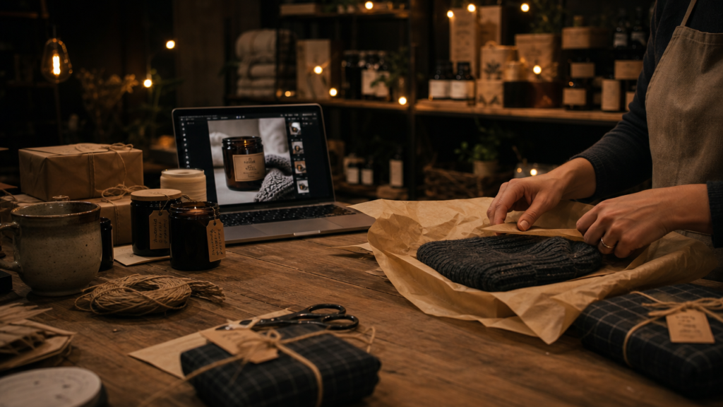Artisan carefully gift-wrapping a handmade product on a workshop desk beside a laptop showing product photography