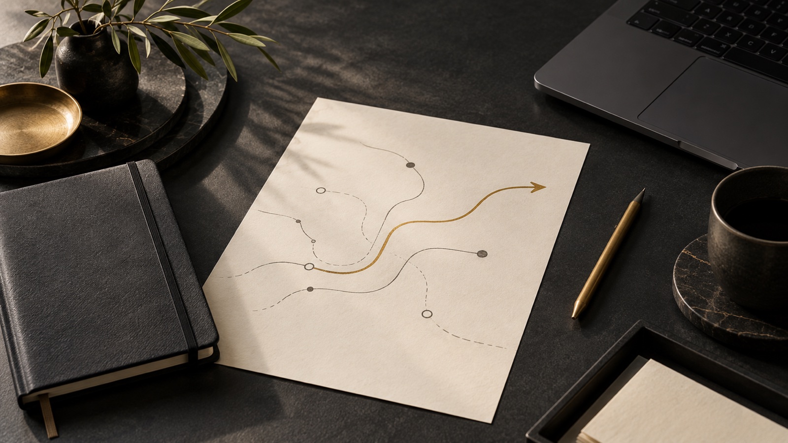 Planning paths on an ivory page beside a notebook and laptop.