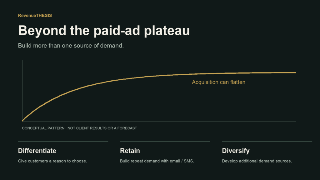 Conceptual paid-acquisition curve leveling off, with differentiation, retention and additional demand sources as priorities to investigate. Not client results or a forecast.