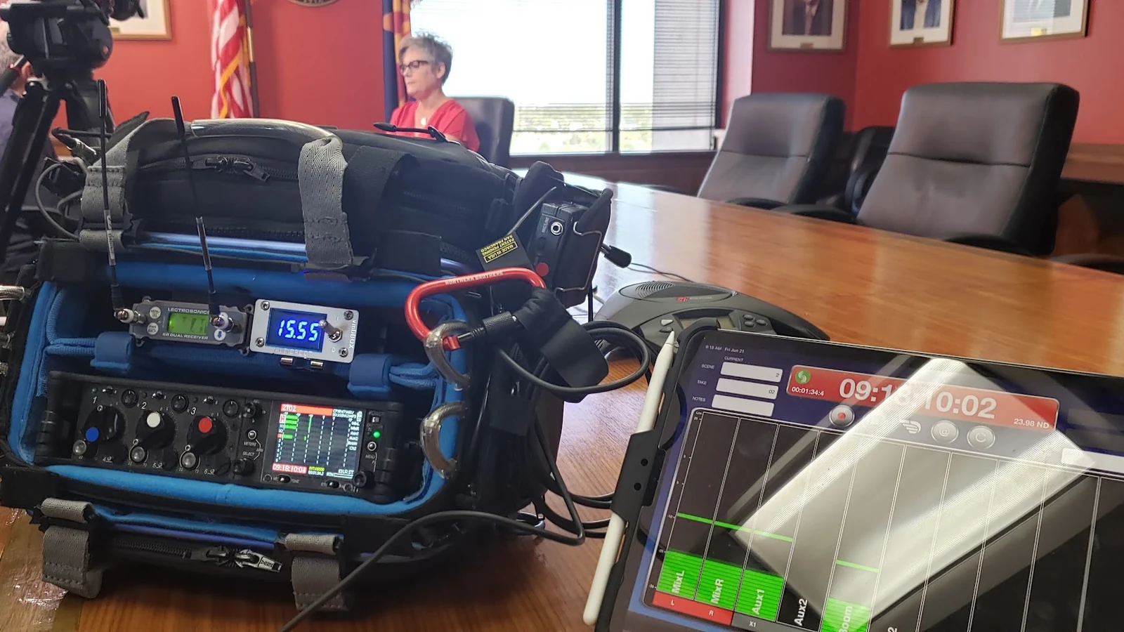Production sound being mixed and monitored during a location shoot